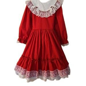 Vintage Mini World Full Red Holiday Dress Girls Size 6X USA Lace Trim